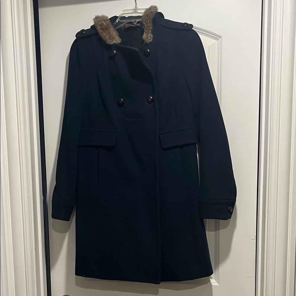 Comptoir Des Cotonniers Navy Wool Coat with Rabbit Fur Collar